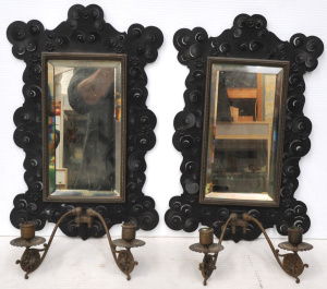 Lot 296 - Pair Ornate heavy Arts & Crafts Candle Sconce Mirrors - Blackened