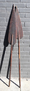 2 x vintage Carved Wooden Tribal Paddle Club Spears - finials to tips of each, s