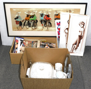 2 x Boxes plus inc China, Corning ware, Royalty ephemera, Balinese Oil paintings