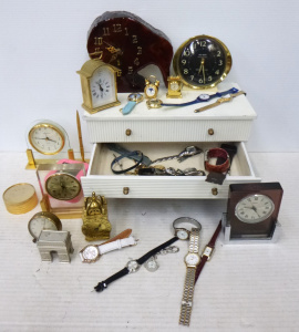 2 x boxes of clocks, jewellery box with watches etc, Big Ben, Seiko, Gyma, Swatc