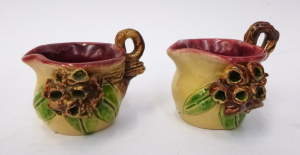 2 x Log Cabin Beryl Armstrong Australian pottery small jugs with gumnuts, gum le 2 x Log Cabin Beryl Armstrong Australian pottery small jugs with gumnuts, gum le