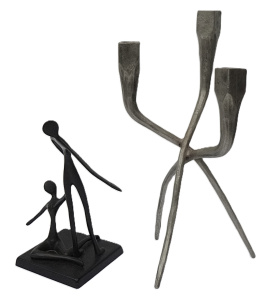 2 x Modernist Metal Items inc, 3 branch candle holder and a heavy dancing couple