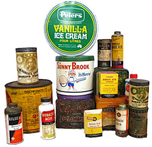 Group lot of Vintage Tins, Packaging & Bottles inc, Sunny Brook, Peters and