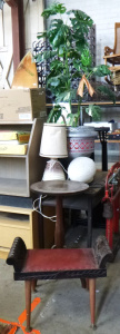 Lot of Occasional items incl Heavy Red Leather Ottoman w Heavily Carved Sides, T