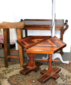 Lot 18 - 5 pces Furniture inc 2 x Merv Brittian Hall tables - triangular with in Lot 18 - 5 pces Furniture inc 2 x Merv Brittian Hall tables - triangular with in