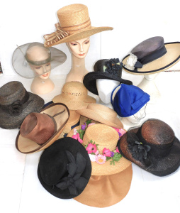 Lot 33 - 2 Boxes Hats mostly vintage inc Wide brimmed - straw, felt, wire mesh , Lot 33 - 2 Boxes Hats mostly vintage inc Wide brimmed - straw, felt, wire mesh ,