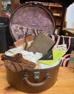 Lot 34 - Vintage hatbox with lace, doyles, Prestige, Kayser stockings, lizard sk