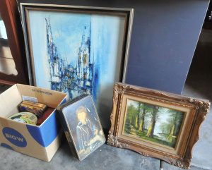 Lot 43 - Small Lot of Assorted Items incl 1973 Abstract Painting of a Street Sce