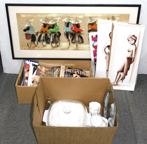 Lot 60 - 2 x Boxes plus inc China, Corning ware, Royalty ephemera, Balinese Oil