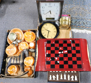 Lot 80 - 2 Boxes Plus inc Metal Elephant figures, Lacquered Chess board, Anchor