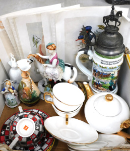 Lot 81 - Box lot of ceramics & prints inc Vintage continental Figures &