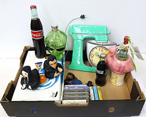 Lot 88 - Box lot of assorted items inc, novelty Kitchen mixer wall clock, Elvis
