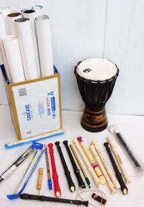 Lot 91 - Group lot music related items inc Tosca Lap Drum, Recorders inc German