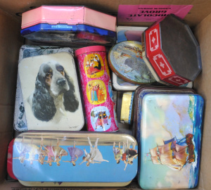 Lot 97 - Box Lot Vintage Australian Tins - incl Griffiths Sweets, AW Allens, etc Lot 97 - Box Lot Vintage Australian Tins - incl Griffiths Sweets, AW Allens, etc