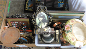 Lot 104 - 2 x Boxes Mixed inc Pictures, Prints, Copper, Ceramics, China,