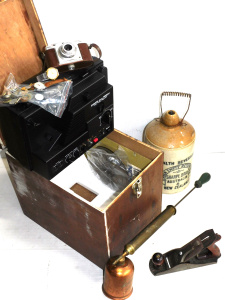 Lot 106 - Group Blokey items inc Keens Carpenter plane, Sharp Bros stoneware Dem