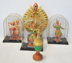 Lot 111 - Box Lot of Mostly Asian Figures incl Figures Dancing, Peacock, Budha e