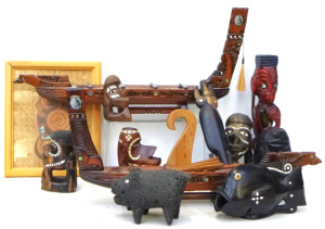 Lot 121 - Shelf Lot Vintage Carved Wooden Inlaid MOP Figures & Other - incl Lot 121 - Shelf Lot Vintage Carved Wooden Inlaid MOP Figures & Other - incl