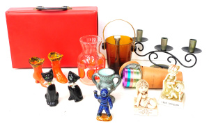 Lot 124 - Group lot of Retro inc Red Vinyl Cassette case, Pair orange ceramic sh Lot 124 - Group lot of Retro inc Red Vinyl Cassette case, Pair orange ceramic sh