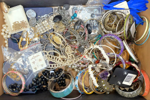 Lot 128 - Box costume jewellery, prs earrings, bangles, necklaces etc