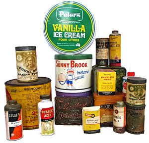 Lot 132 - Group lot of Vintage Tins, Packaging & Bottles inc, Sunny Brook, P