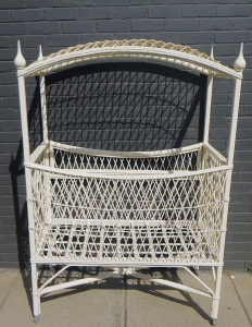 Lot 145 - 1920s White Painted Cane childrens Cot with lattice sides & canop Lot 145 - 1920s White Painted Cane childrens Cot with lattice sides & canop