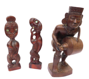 Lot 274 - 3 carved wooden Tribal Figures inc Aztec drum player 33cm H & tw