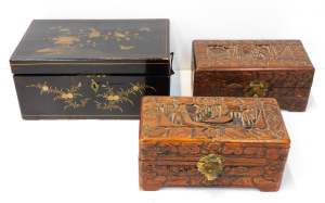 Lot 307 - 3 x vintage wooden boxes inc Victorian branch & bird inlay & 2