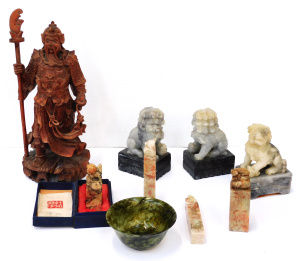 Lot 310 - Group lot Carved oriental inc Jade bowl, Soapstone foo dogs, Chop stam