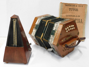 Lot 312 - 2 pces Vintage Musical inc German Federal ornate Concertina & Met Lot 312 - 2 pces Vintage Musical inc German Federal ornate Concertina & Met