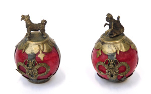Lot 358 - 2 x Vintage Tibetan silver overlay Jade zodiac balls - Year of the Dog