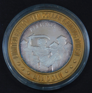 Lot 360 - c1994 Aladdin Limited Edition 10 dollar gaming token - 999 Silver - A Lot 360 - c1994 Aladdin Limited Edition 10 dollar gaming token - 999 Silver - A