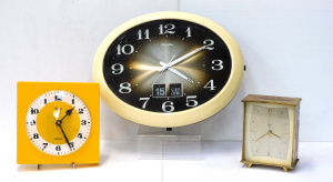 Lot 374 - 3 x Retro Clocks inc German Deisel Brass Mantel Clock, Yellow Plastic Lot 374 - 3 x Retro Clocks inc German Deisel Brass Mantel Clock, Yellow Plastic