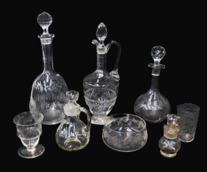 Lot 378 - Group lot of vintage Glass inc Etched decanters, bowl, glasses, oil bo Lot 378 - Group lot of vintage Glass inc Etched decanters, bowl, glasses, oil bo
