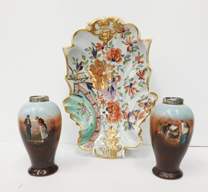 Lot 386 - 3pces inc Pair Ceramic Royal Bayreuth Vases with Hallmarked Silver col
