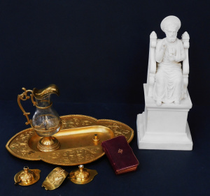 Lot 405 - Group lot of vintage religious items inc Part Gilt Holy Communion set Lot 405 - Group lot of vintage religious items inc Part Gilt Holy Communion set