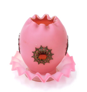 Lot 411 - Victorian 2 pce Pink Satin glass Fairy Lamp with inset coloured paste Lot 411 - Victorian 2 pce Pink Satin glass Fairy Lamp with inset coloured paste