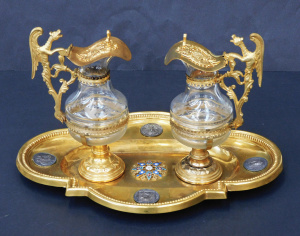 Lot 412 - Vintage Gilt metal Communion cruet set- Tray with four religious medal Lot 412 - Vintage Gilt metal Communion cruet set- Tray with four religious medal