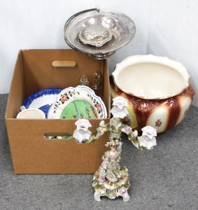 Lot 110 - Box plus inc Victorian Jardiniere, Candelabra (af) ceramics, EPNS etc
