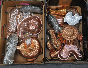 2 x Boxes of Vintage Copper & Other Aspic Moulds incl Fish, Cornucopia, Frui