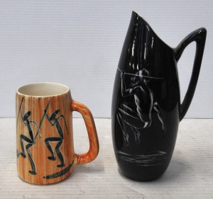 2 x pieces MCM Australian Pottery both w H Painted Aborignal Figural Designs - F