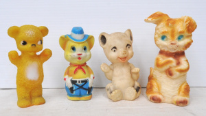 4 x Vintge Rubber Squeaky Toys - incl Cat Sheriff, Dogs, etc (yellow bear doesnt