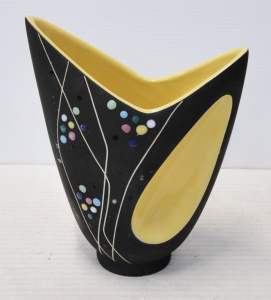 Large Ellis MCM Australian Pottery Vase - texted black glaze w indented slick ye