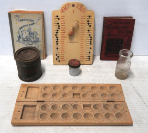 Lot of Vintage Kitchen Items incl Wooden Mould, Mrs Beetons Cookery Book, Vegemi