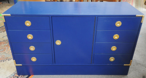 Retro 1970 80s Blue Pine & Composite Sideboard w Inset Brass Handles &
