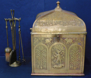 Lot 10 - 2 pces inc c1900 Brass Coal Box - Temple shaped with pierced hinged lid