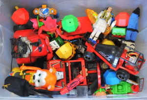Lot 28 - Box Lot of Assorted Kids Toys incl Figures, Diecast Vehicles, Plastic A