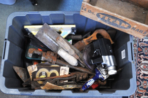 Lot 39 - Box Lot of Assorted Vintage Tools & Hardware incl Saws, Wrenches, B