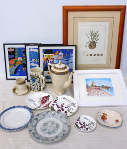 Lot 60 - Mixed Box lot inc Victorian plates Meakin coffee pot,, pin dishes, fram
