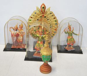 Lot 62 - Box Lot of Mostly Asian Figures incl Figures Dancing, Peacock, Budha et